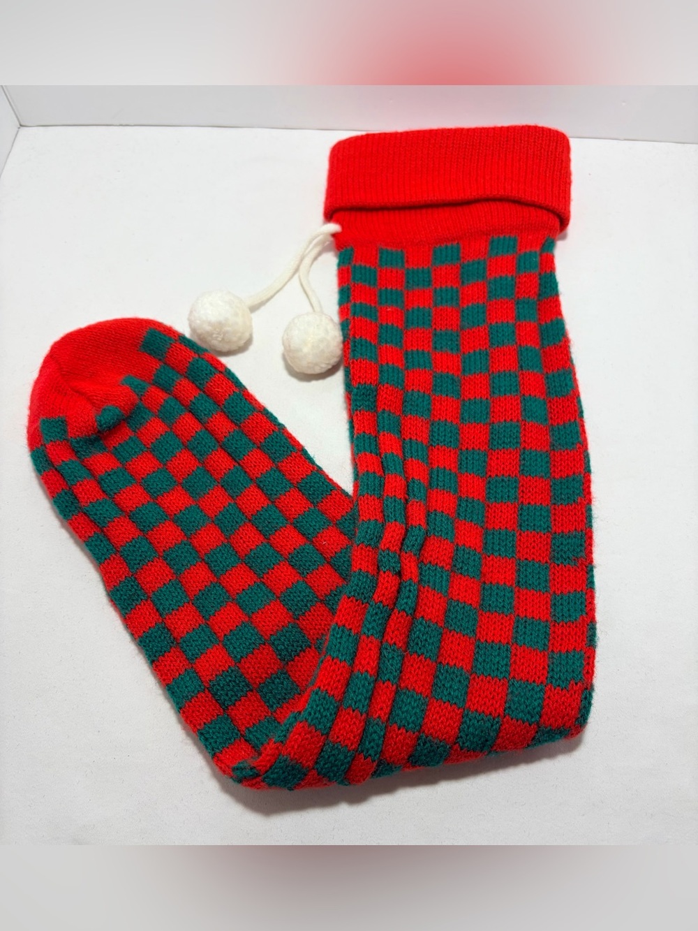 Vintgae Red & Green Checker Knit Christmas Stocking with Pom-Pom Ties